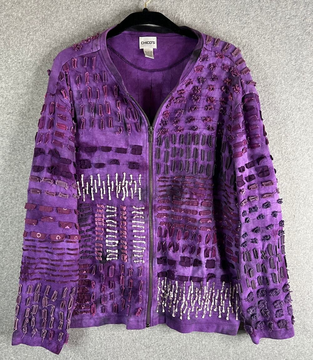 Chico’s Size 3 Purple Textured Zip Front Jacket Cotton Boho Art To Wear